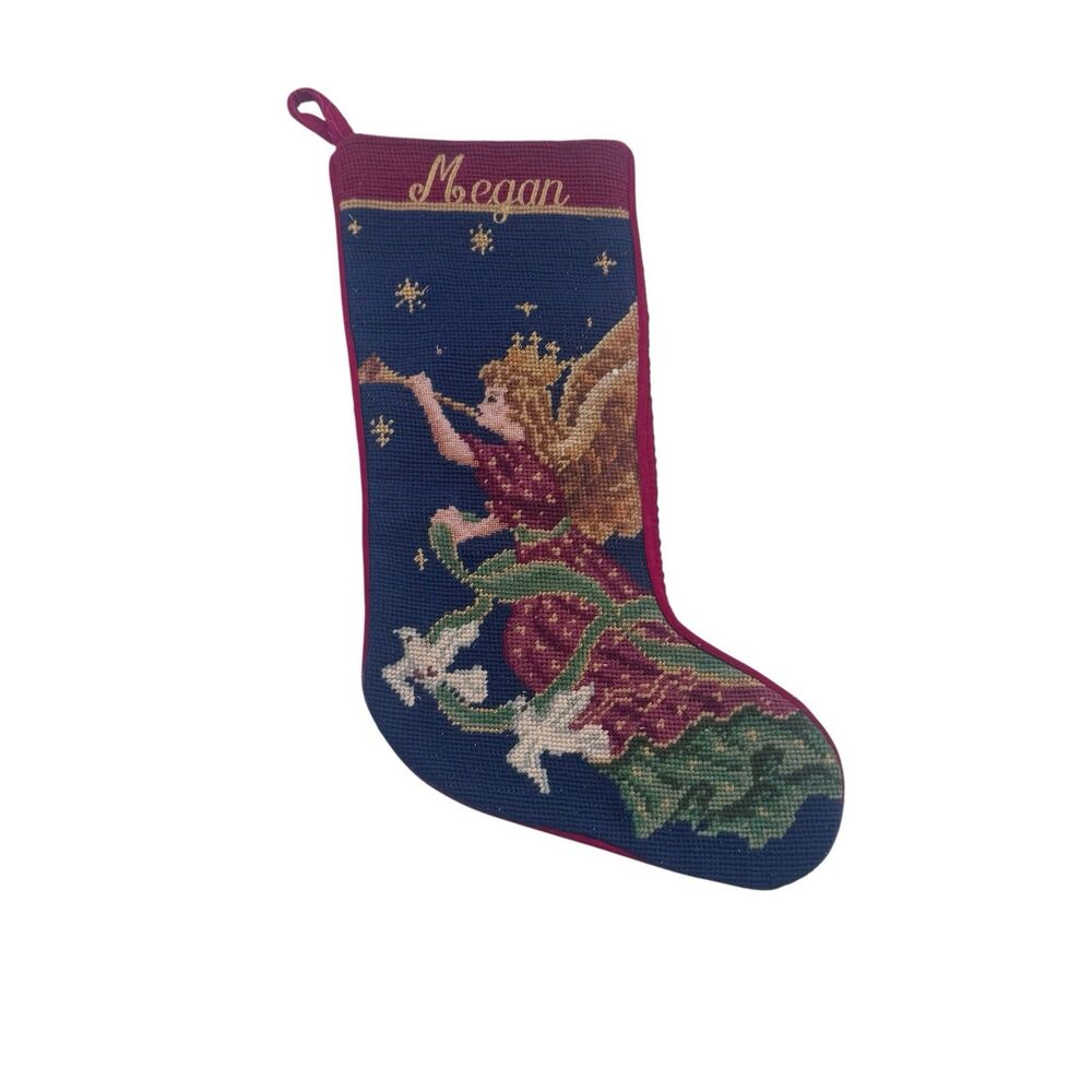 Needlepoint Stocking Christmas Angel Horn Gold Blue Red Imperial Elegance MEGAN